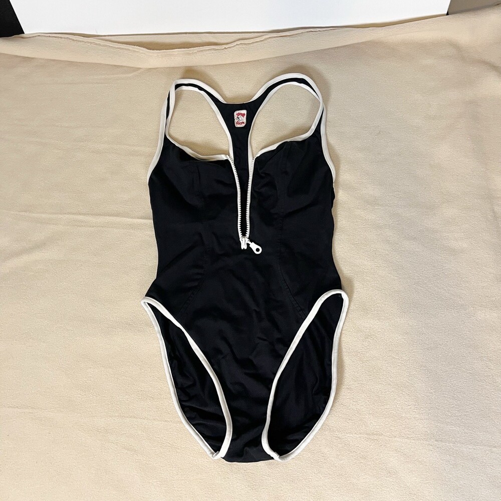 Vintage Water Polo Swimsuit Womens XS S Black White Zip Racerback Sports